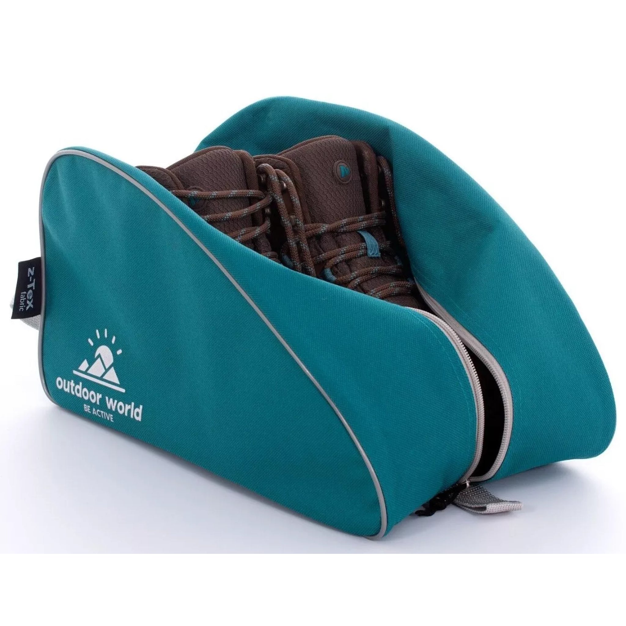 Outdoor World branded waterproof boot bag in teal with 2-way zip, strong carry handle, and durable 600D fabric ā ideal for hiking, sports, and travel